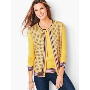 Talbots Woman Size 1X Charming Cardigan Yellow Geo Print Mixed Media Lightweight